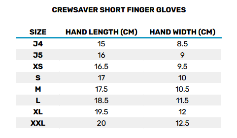 2025 Crewsaver Short Finger Gloves 0 Größentabelle